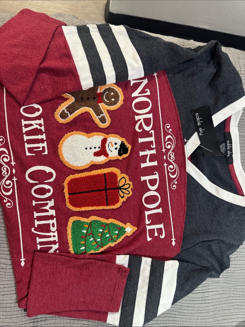 Girls' North Pole Holiday Graphic Raglan Tee - Red & Charcoal